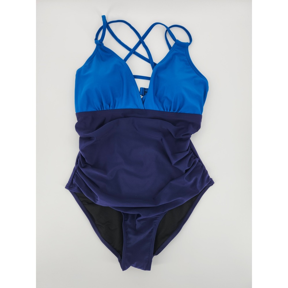 Charmo Womens Blue Colorblock Ruched One Piece Swimsuit UPF 50+ Size Large NWT